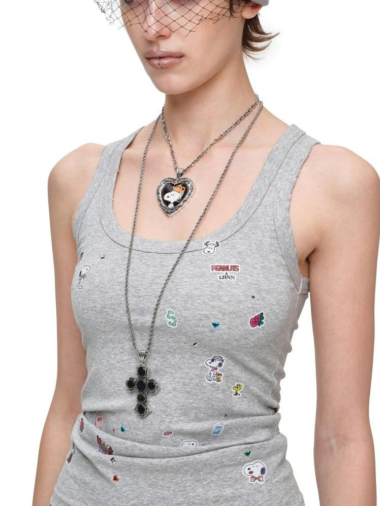 1JINN STUDIO Vintage Sticker Print Washed U Neck Wide Strap Women&