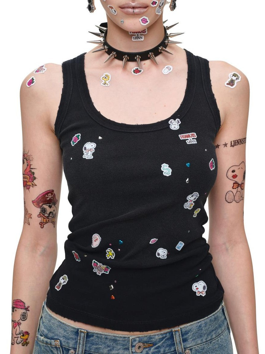 1JINN STUDIO Vintage Sticker Print Washed U Neck Wide Strap Women&