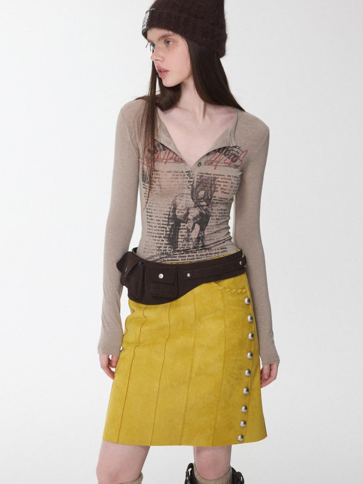 1JINN STUDIO Vintage Suede Studded High Waist Drawstring Women&