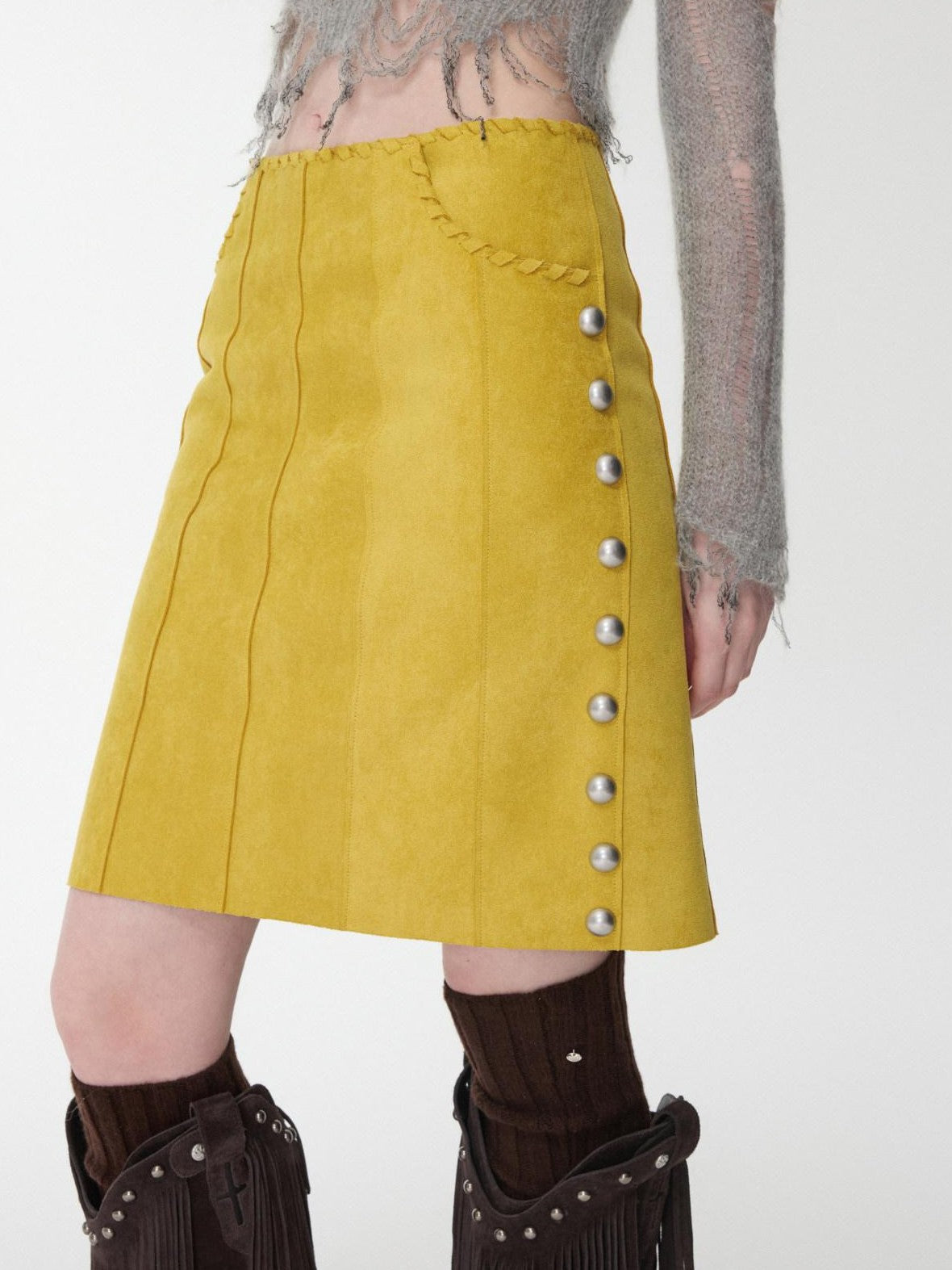 1JINN STUDIO Vintage Suede Studded High Waist Drawstring Women&