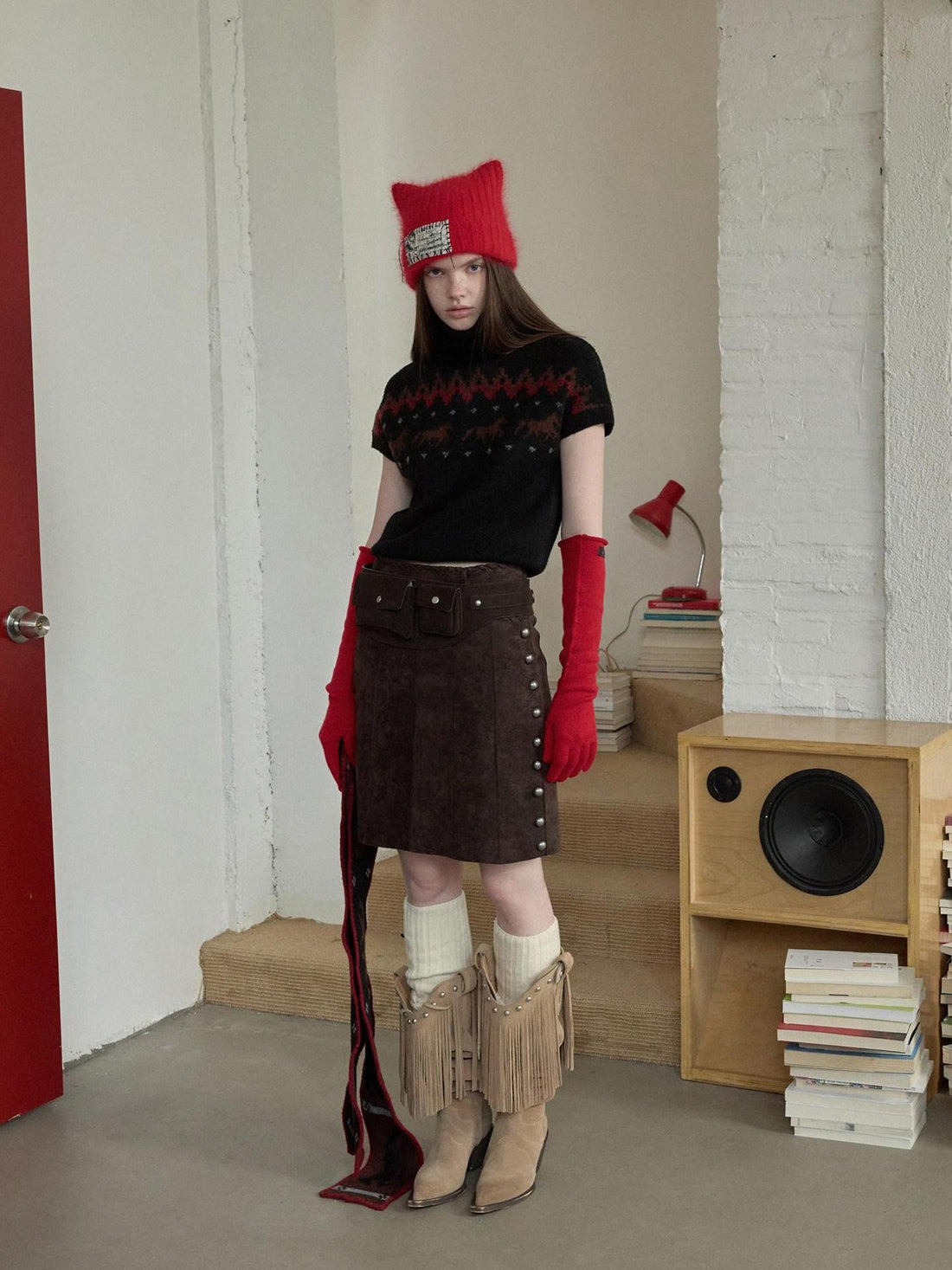 1JINN STUDIO Vintage Suede Studded High Waist Drawstring Women&
