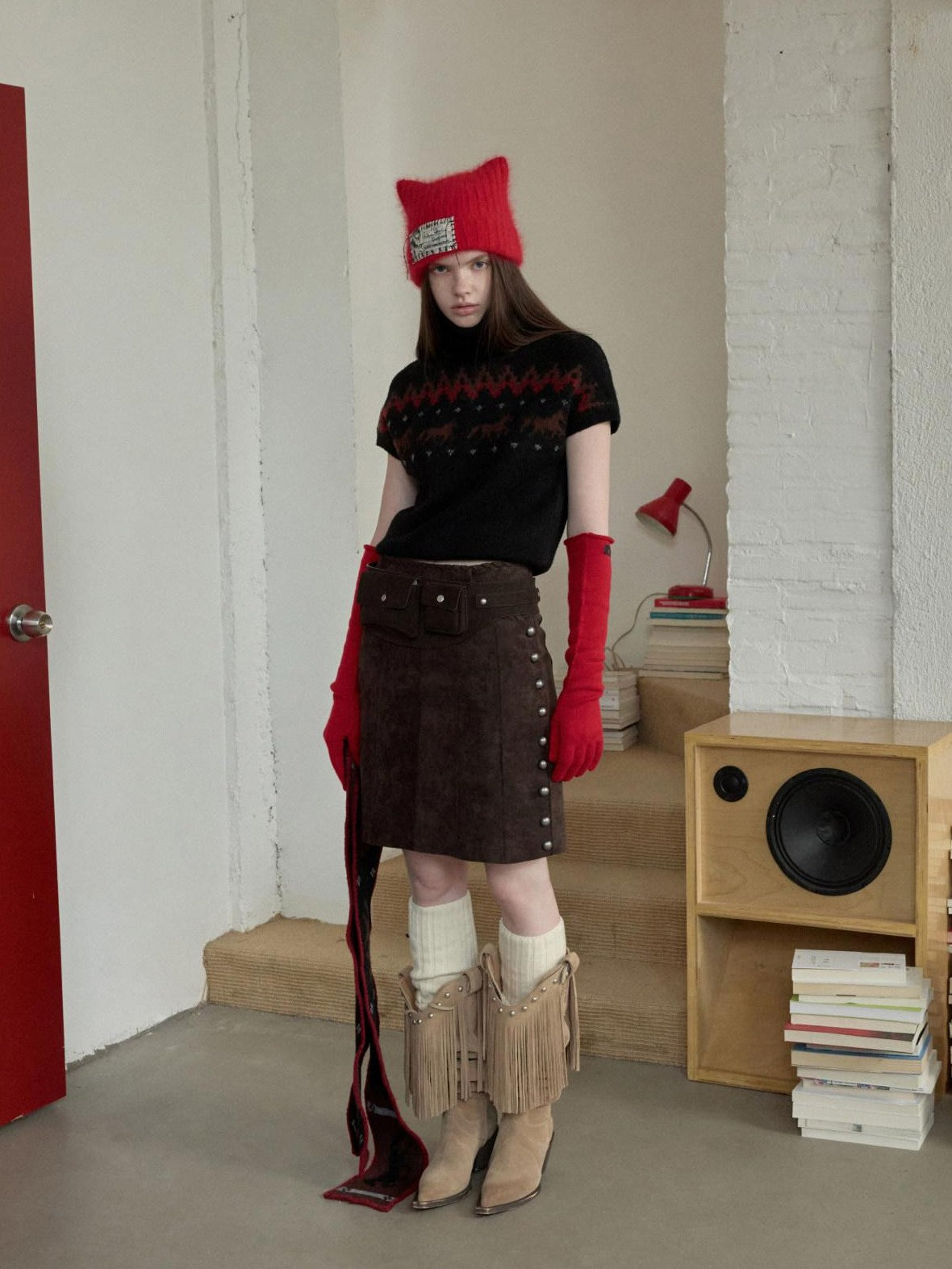 1JINN STUDIO Vintage Suede Studded High Waist Drawstring Women&