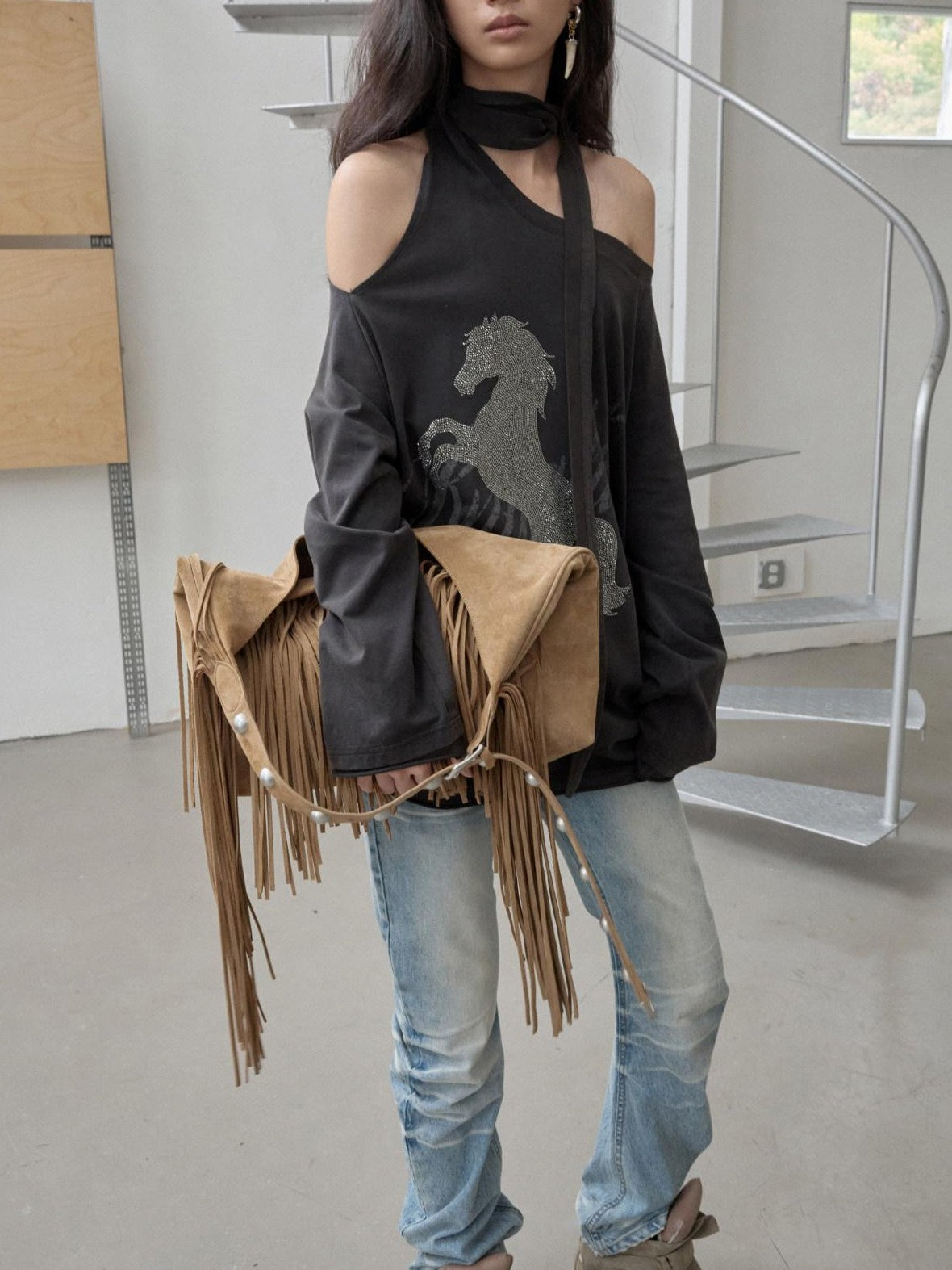 1JINN STUDIO Vintage Tassel Studded Large Capacity Tote Women&