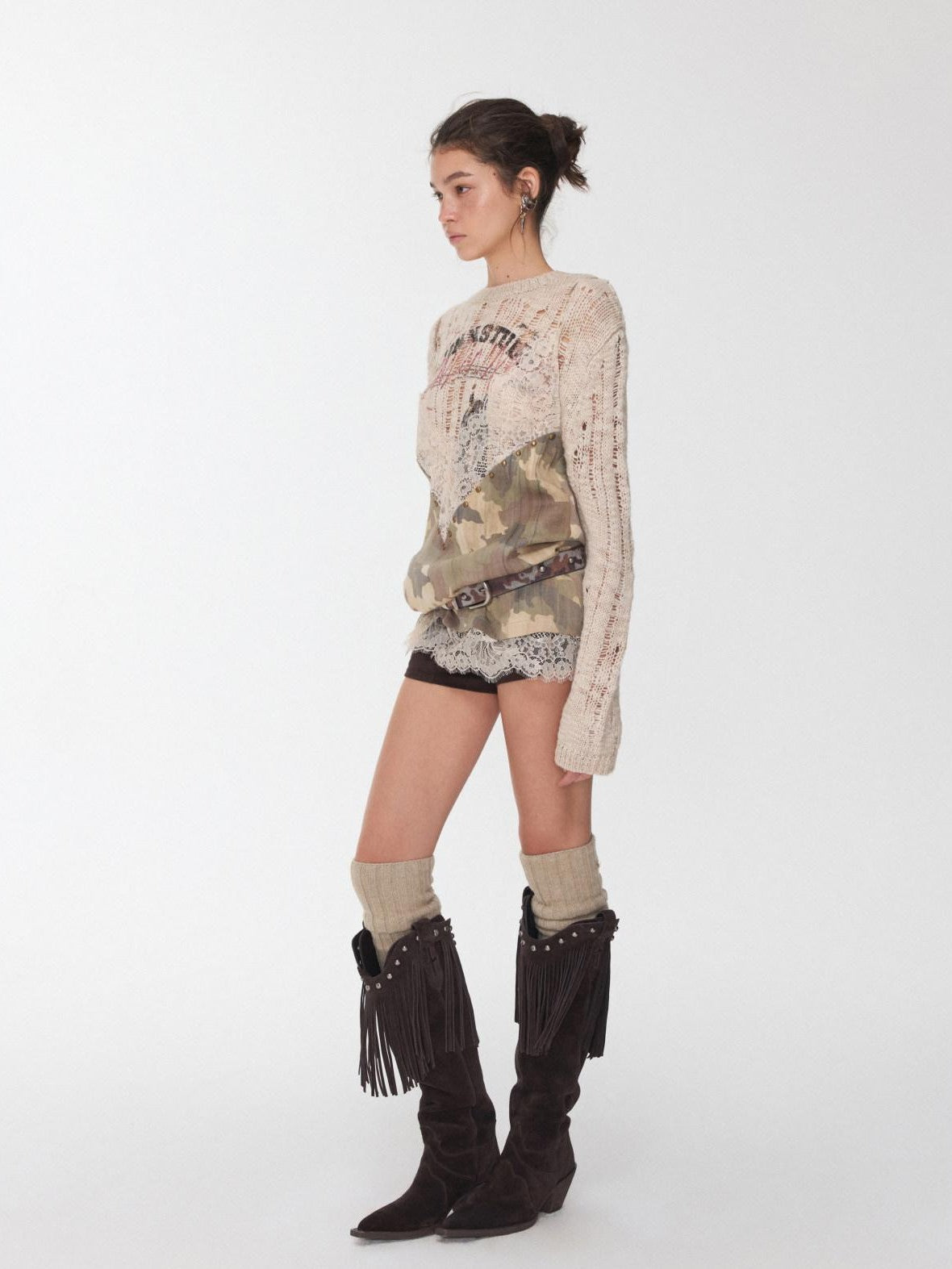 1JINN STUDIO Vintage V Cut Pointed Studded Tassel Women&