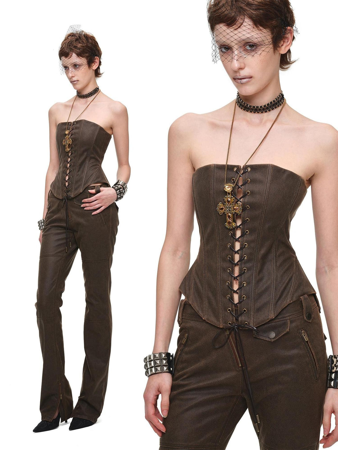 1JINN STUDIO Vintage Washed Adjustable Lace Up Hook Waist Cinched Women&