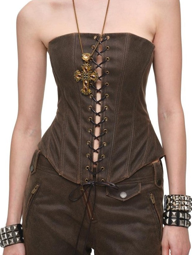 1JINN STUDIO Vintage Washed Adjustable Lace Up Hook Waist Cinched Women&