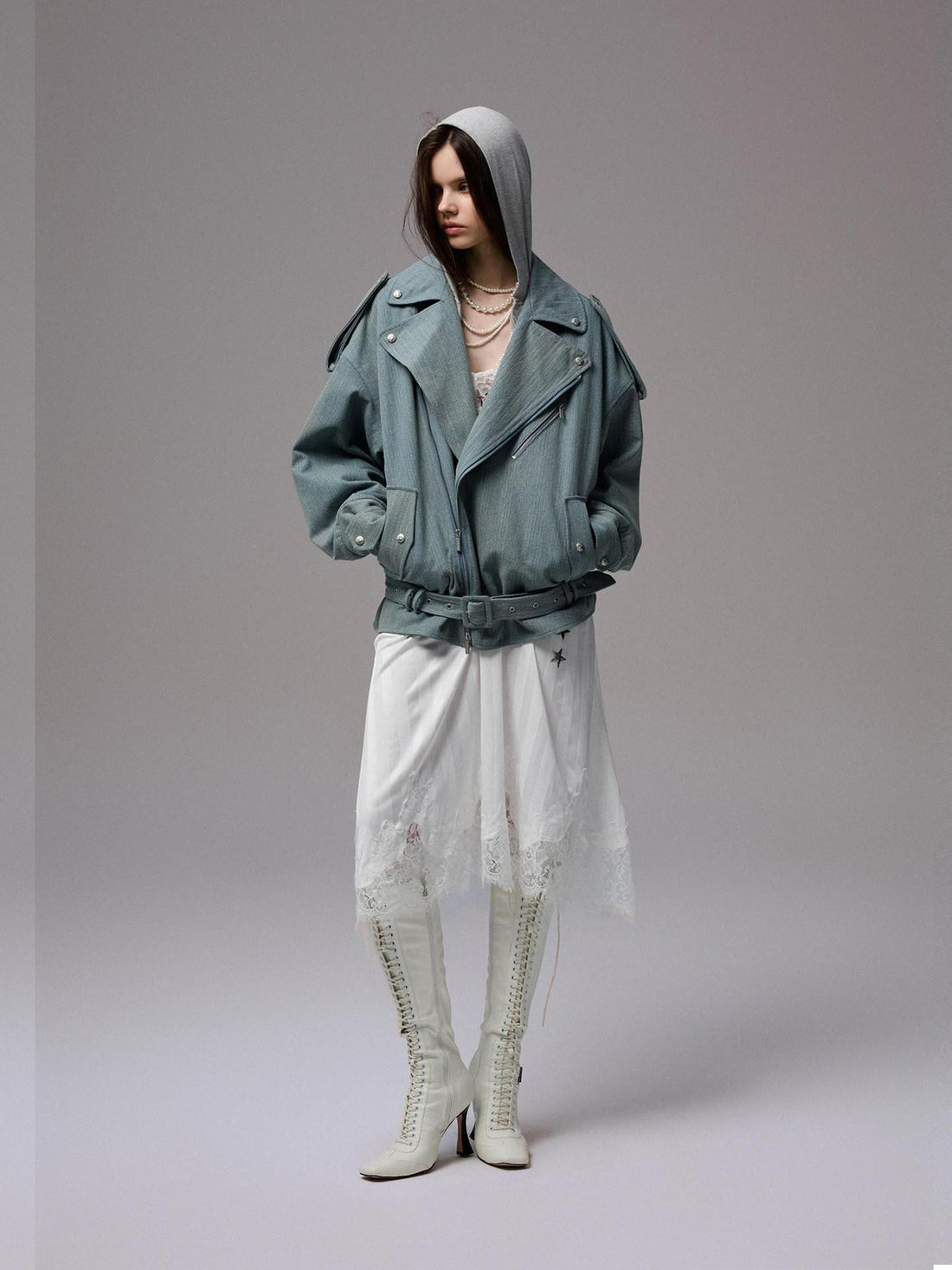 1JINN STUDIO Vintage Washed Biker Drop Shoulder Loose Fit Slim Women&