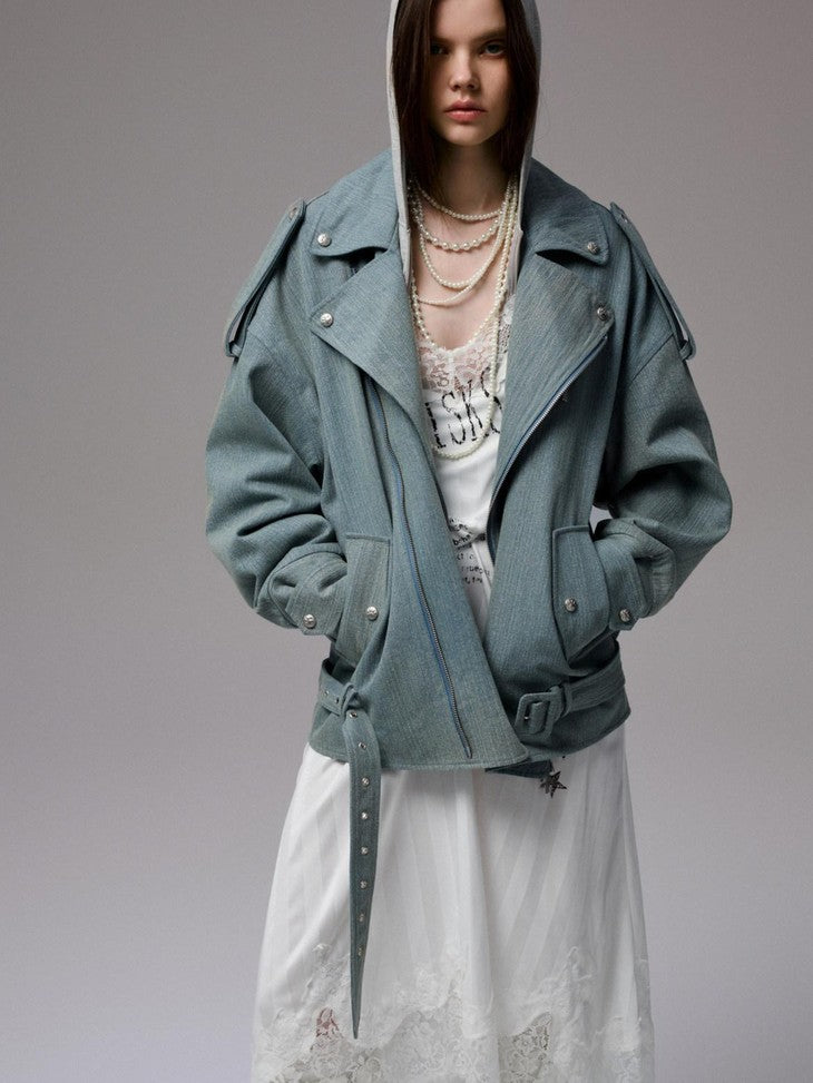 1JINN STUDIO Vintage Washed Biker Drop Shoulder Loose Fit Slim Women&