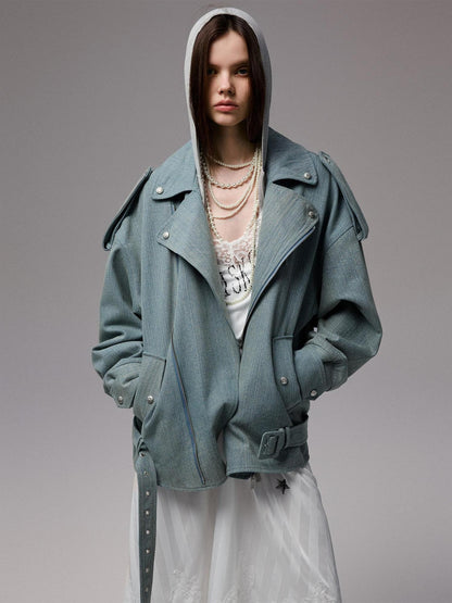 1JINN STUDIO Vintage Washed Biker Drop Shoulder Loose Fit Slim Women&