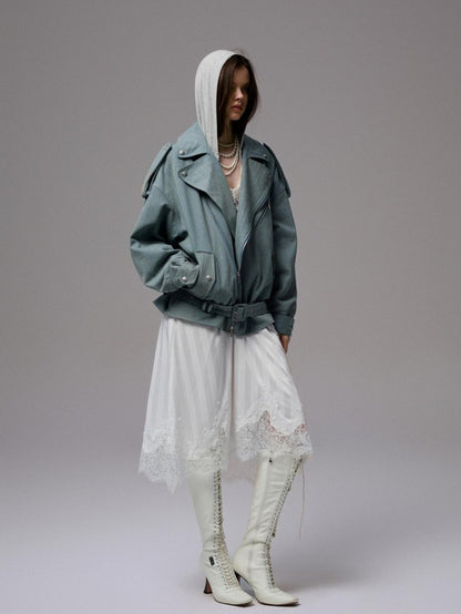 1JINN STUDIO Vintage Washed Biker Drop Shoulder Loose Fit Slim Women&