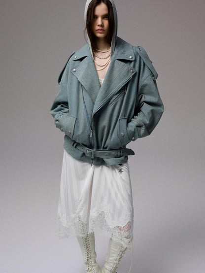 1JINN STUDIO Vintage Washed Biker Drop Shoulder Loose Fit Slim Women&