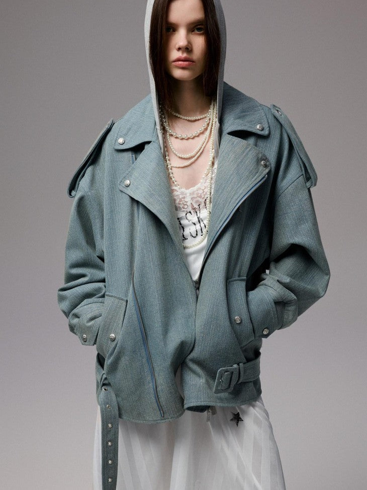 1JINN STUDIO Vintage Washed Biker Drop Shoulder Loose Fit Slim Women&
