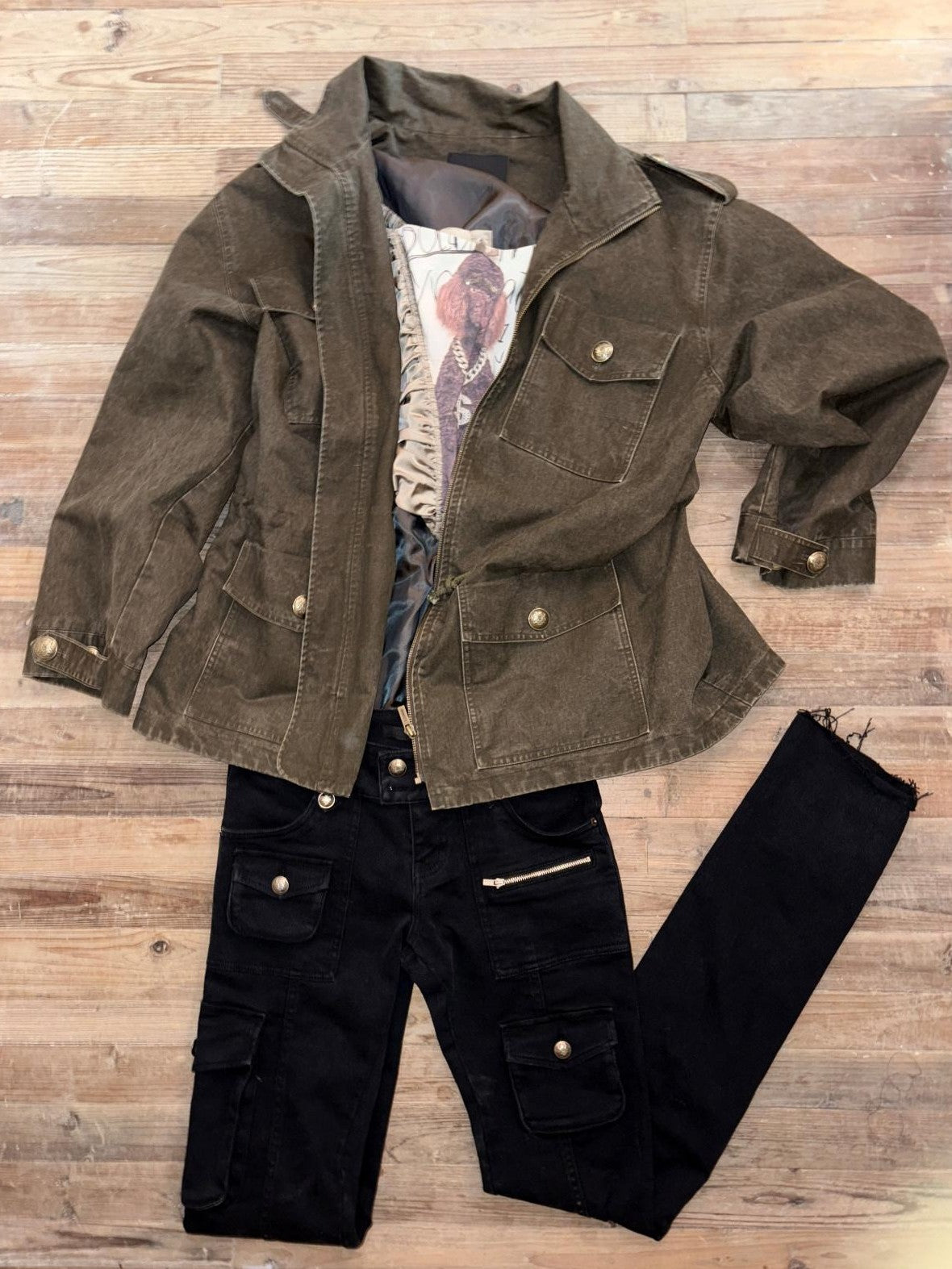 1JINN STUDIO Vintage Washed Distressed Mid Drawstring Pockets Loose Women&