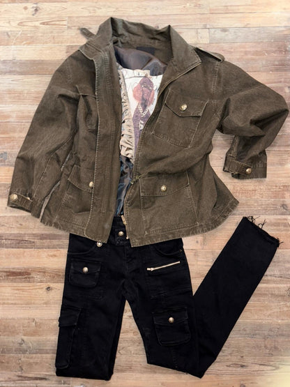 1JINN STUDIO Vintage Washed Distressed Mid Drawstring Pockets Loose Women&