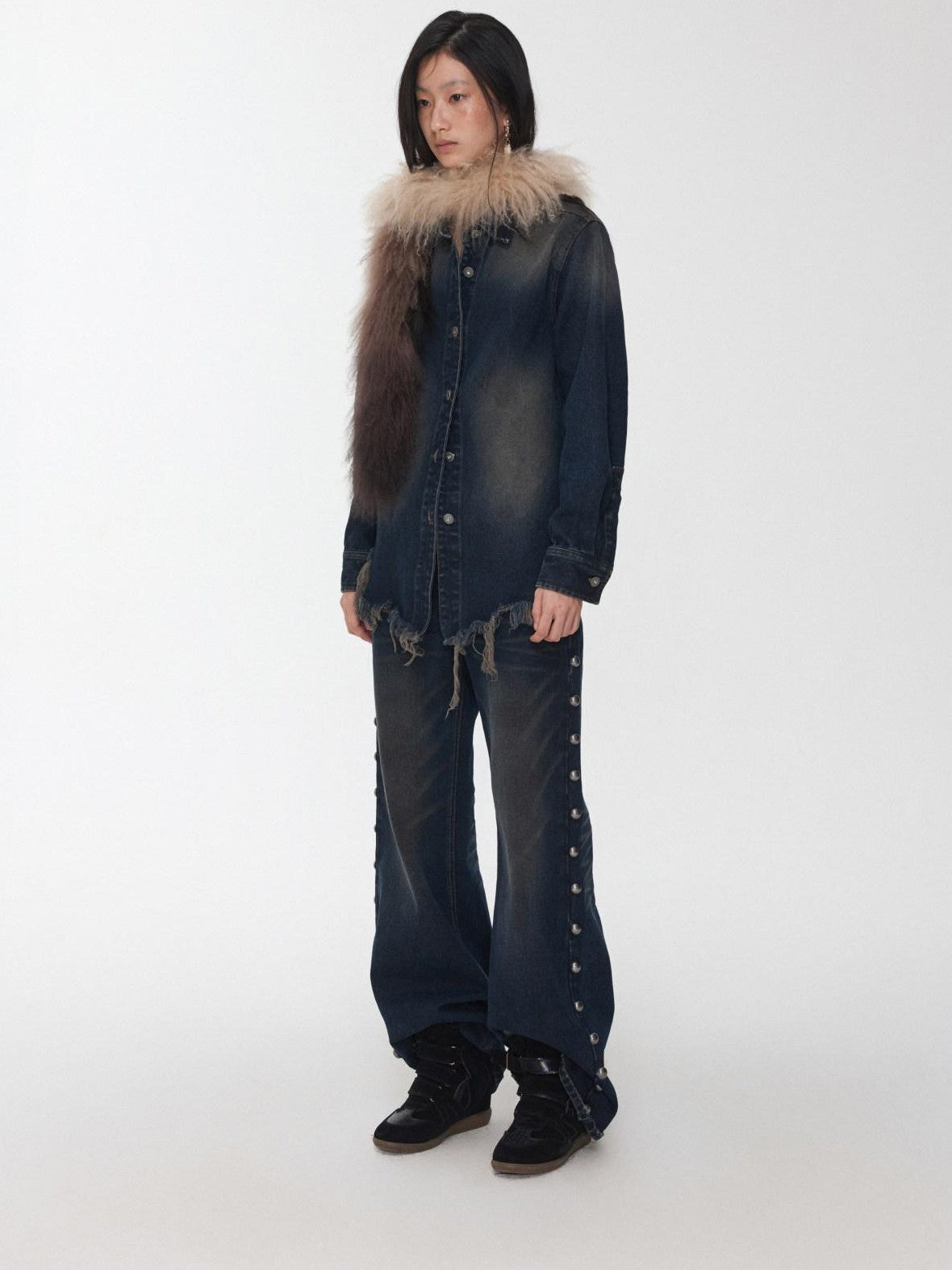 1JINN STUDIO Vintage Washed Frayed Hem Distressed Fitted Women&