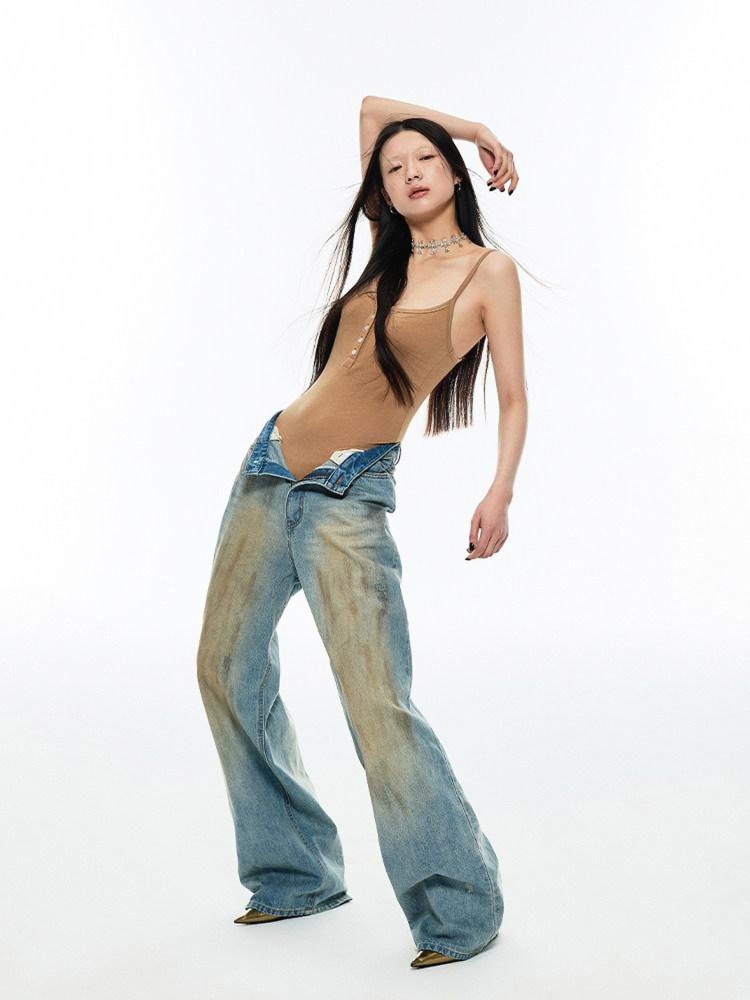 1JINN STUDIO Vintage Washed Mud Dyed Straight Cut Floor Length Women&