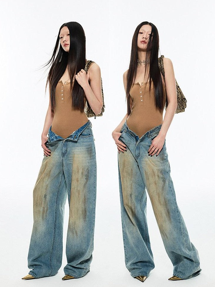 1JINN STUDIO Vintage Washed Mud Dyed Straight Cut Floor Length Women&