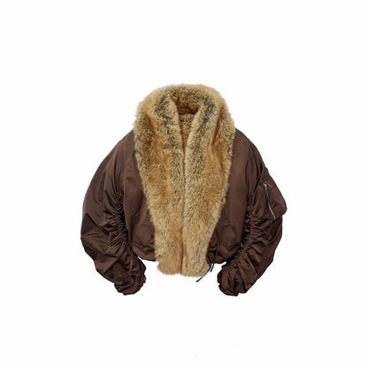 1JINN_STUDIO_Vintage_Workwear_Pleated_Sleeve_Contrast_Fur_Collar_Women&