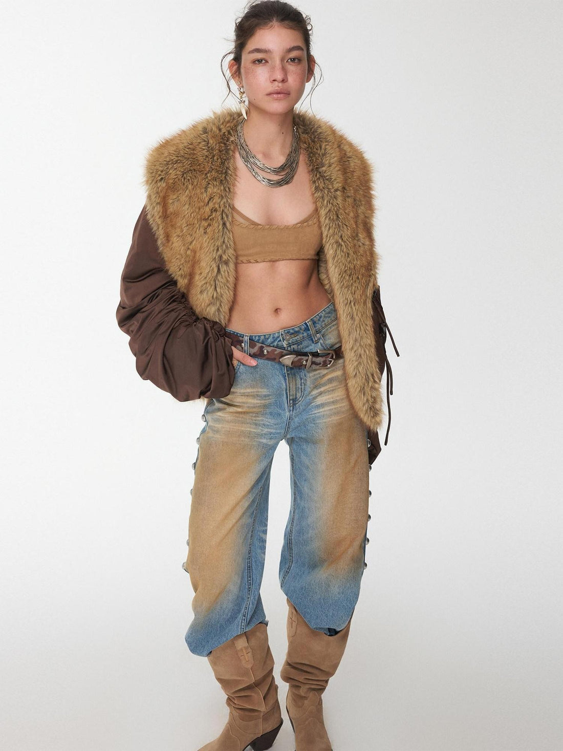 1JINN STUDIO Vintage Workwear Pleated Sleeve Contrast Fur Collar Women&