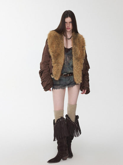 1JINN STUDIO Vintage Workwear Pleated Sleeve Contrast Fur Collar Women&