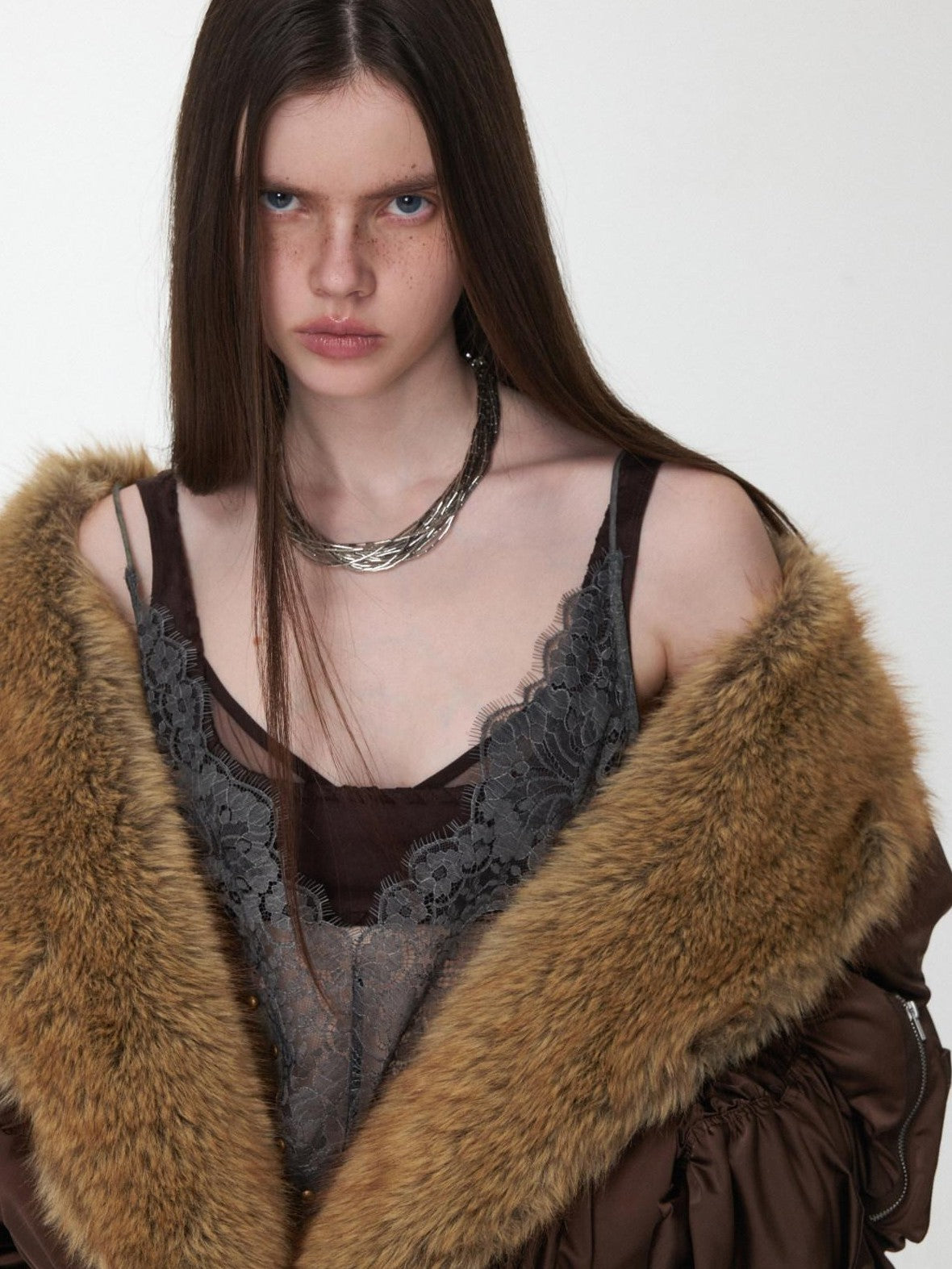 1JINN STUDIO Vintage Workwear Pleated Sleeve Contrast Fur Collar Women&
