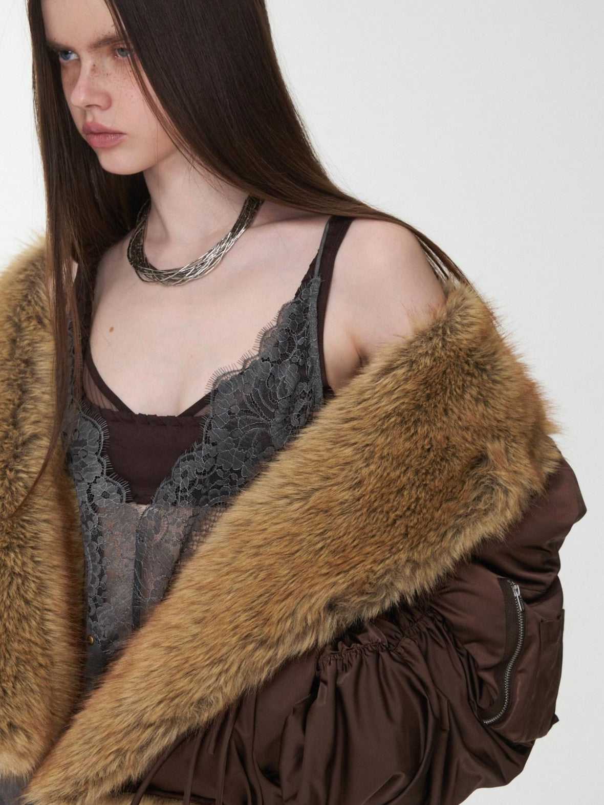 1JINN STUDIO Vintage Workwear Pleated Sleeve Contrast Fur Collar Women&
