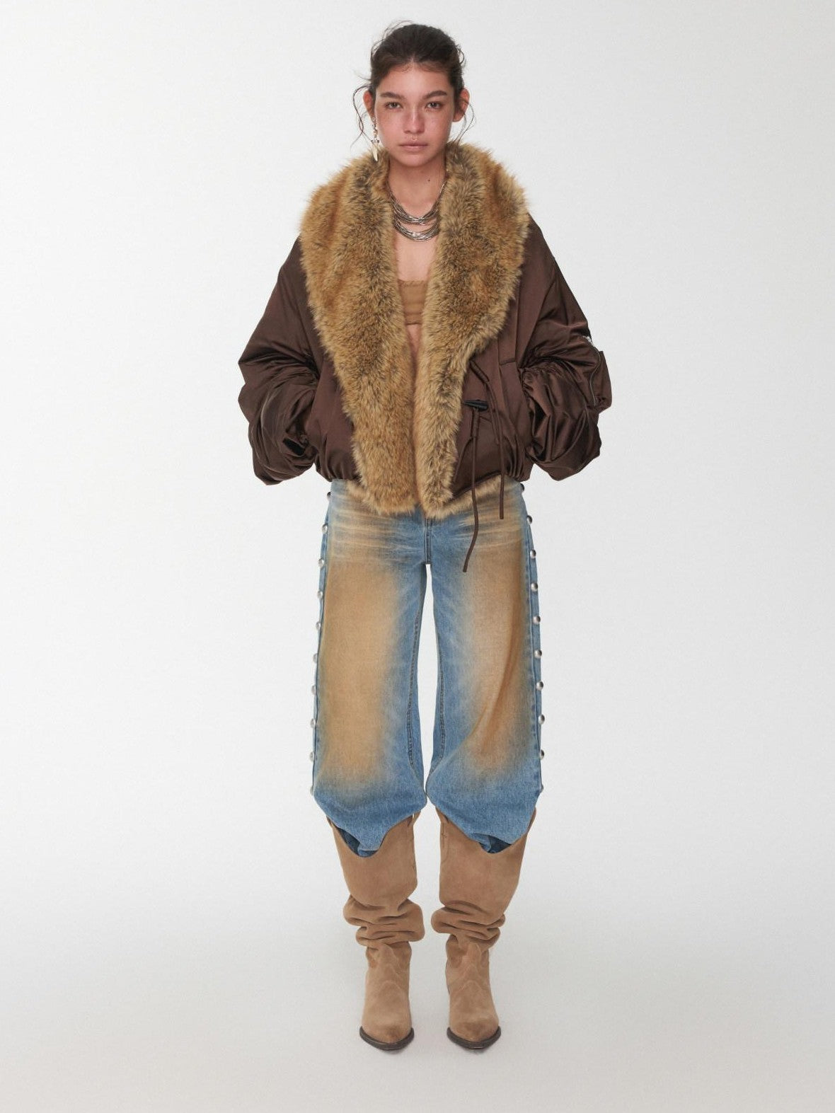 1JINN STUDIO Vintage Workwear Pleated Sleeve Contrast Fur Collar Women&