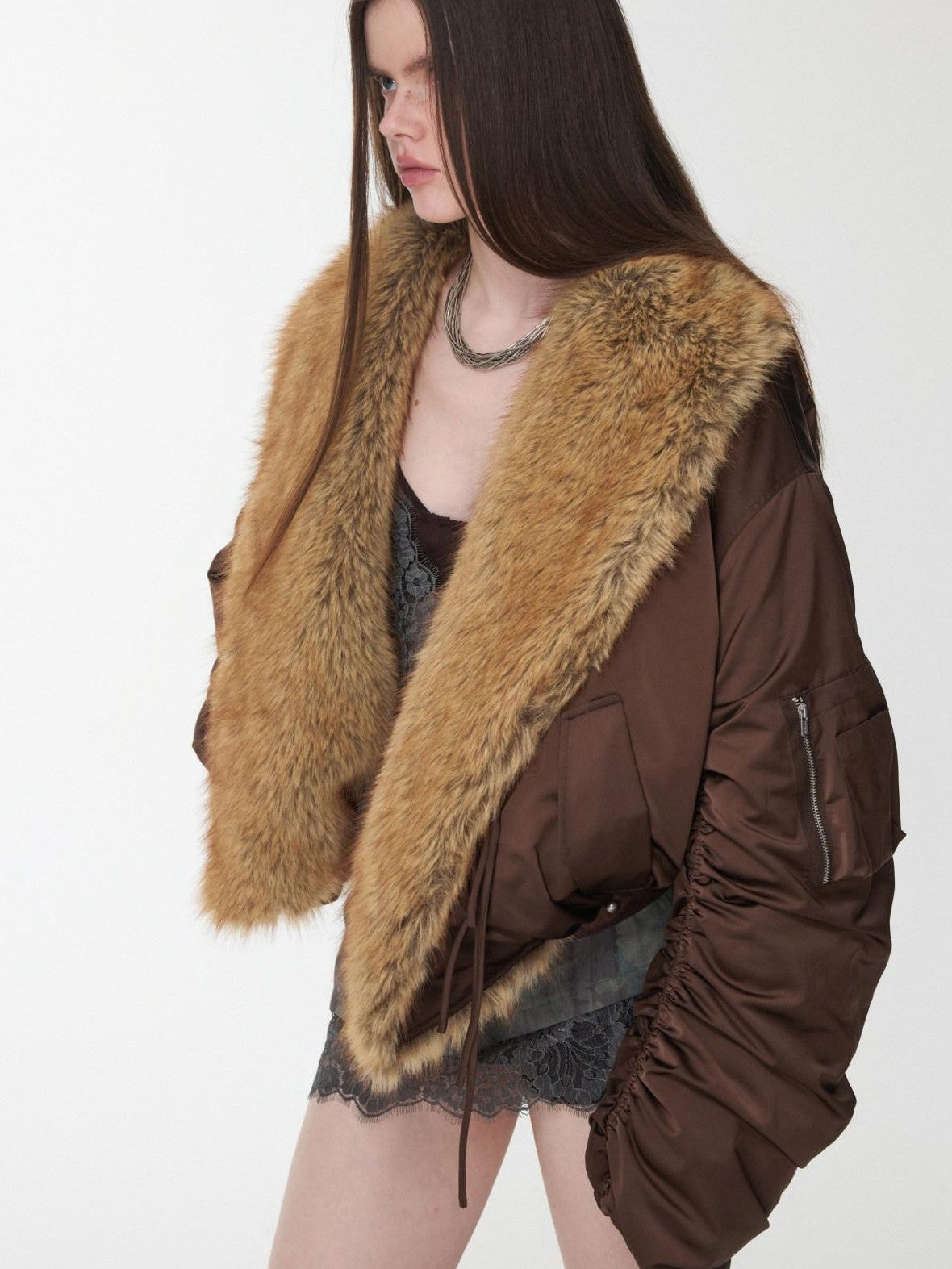 1JINN STUDIO Vintage Workwear Pleated Sleeve Contrast Fur Collar Women&