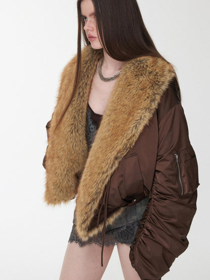 1JINN STUDIO Vintage Workwear Pleated Sleeve Contrast Fur Collar Women&