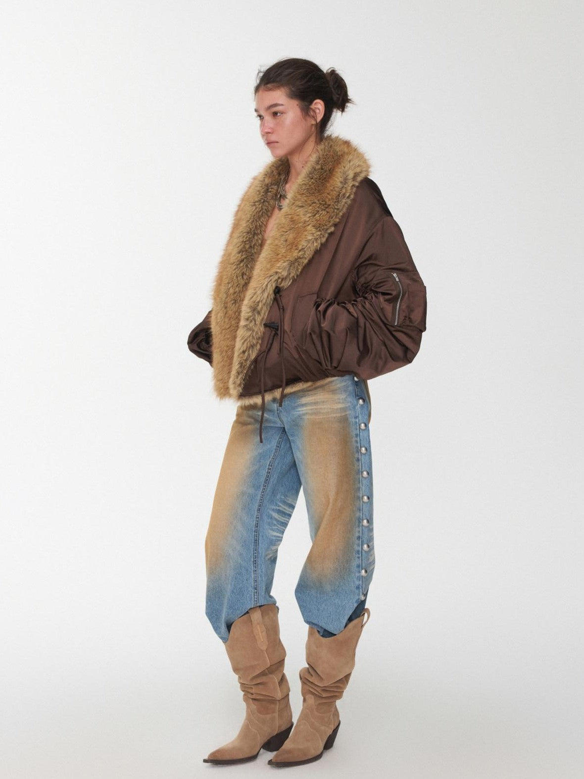 1JINN STUDIO Vintage Workwear Pleated Sleeve Contrast Fur Collar Women&
