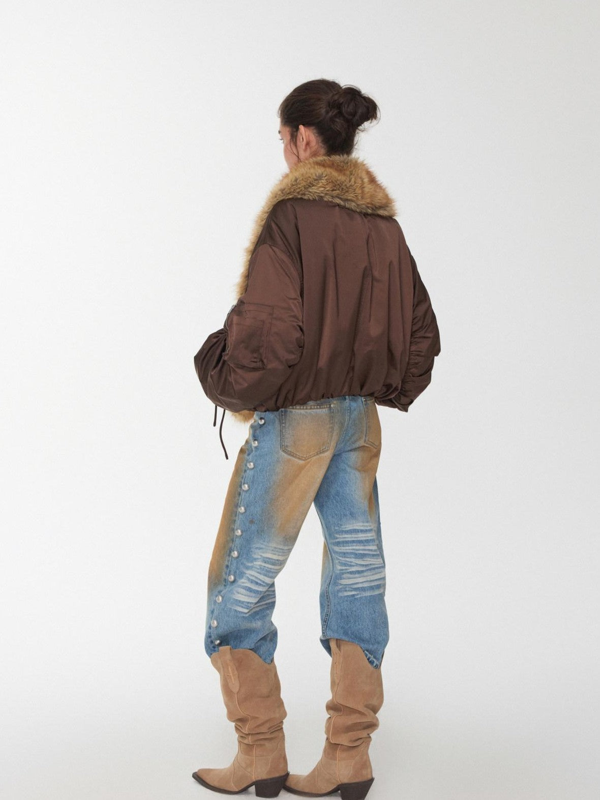 1JINN STUDIO Vintage Workwear Pleated Sleeve Contrast Fur Collar Women&