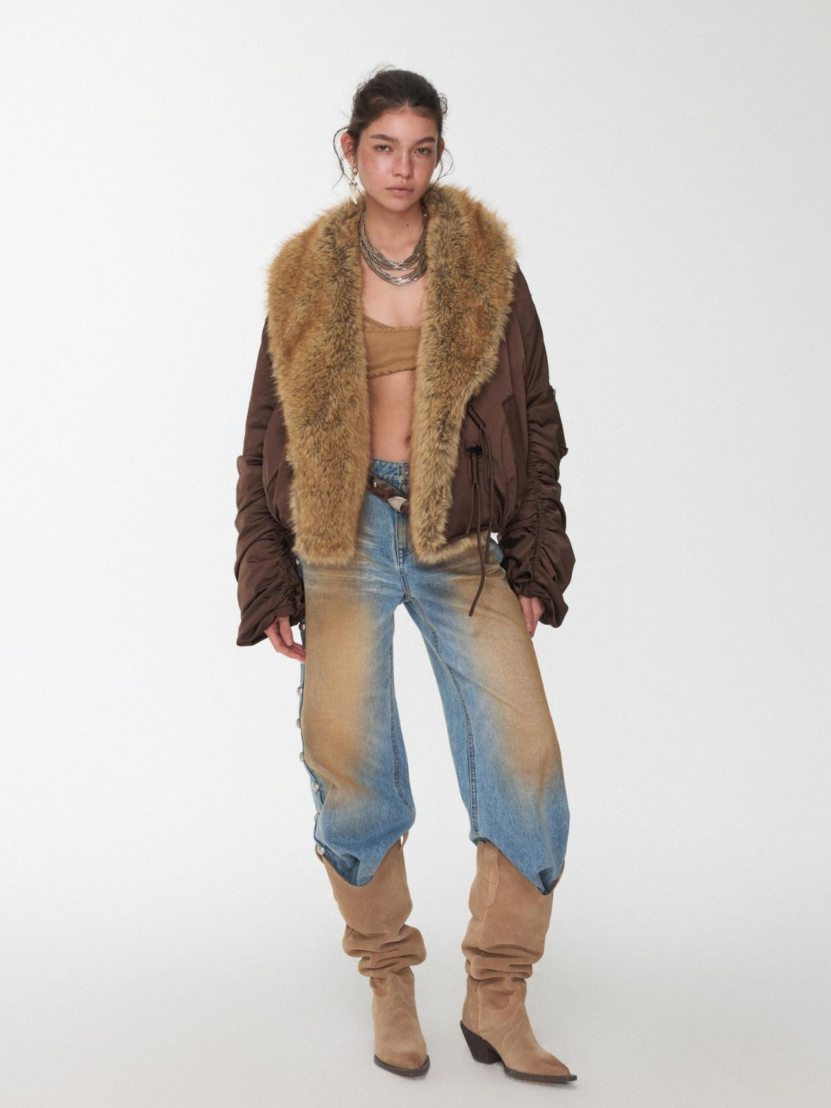 1JINN STUDIO Vintage Workwear Pleated Sleeve Contrast Fur Collar Women&