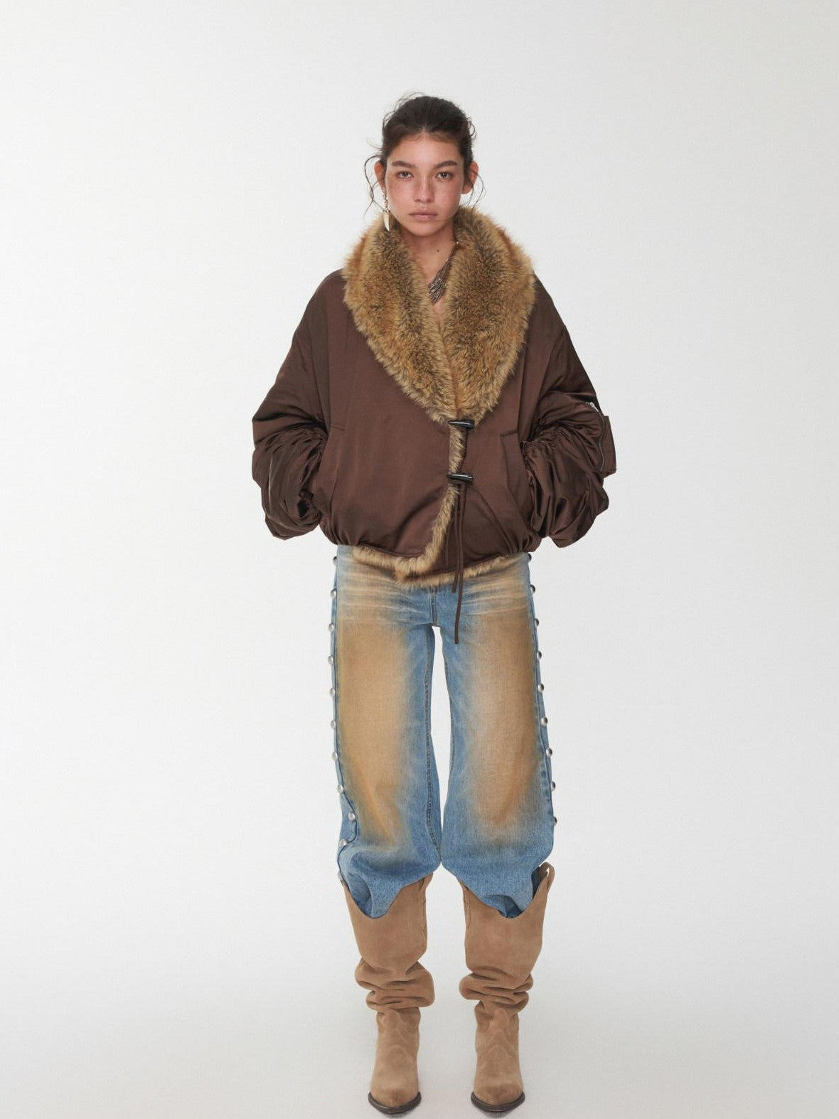 1JINN STUDIO Vintage Workwear Pleated Sleeve Contrast Fur Collar Women&