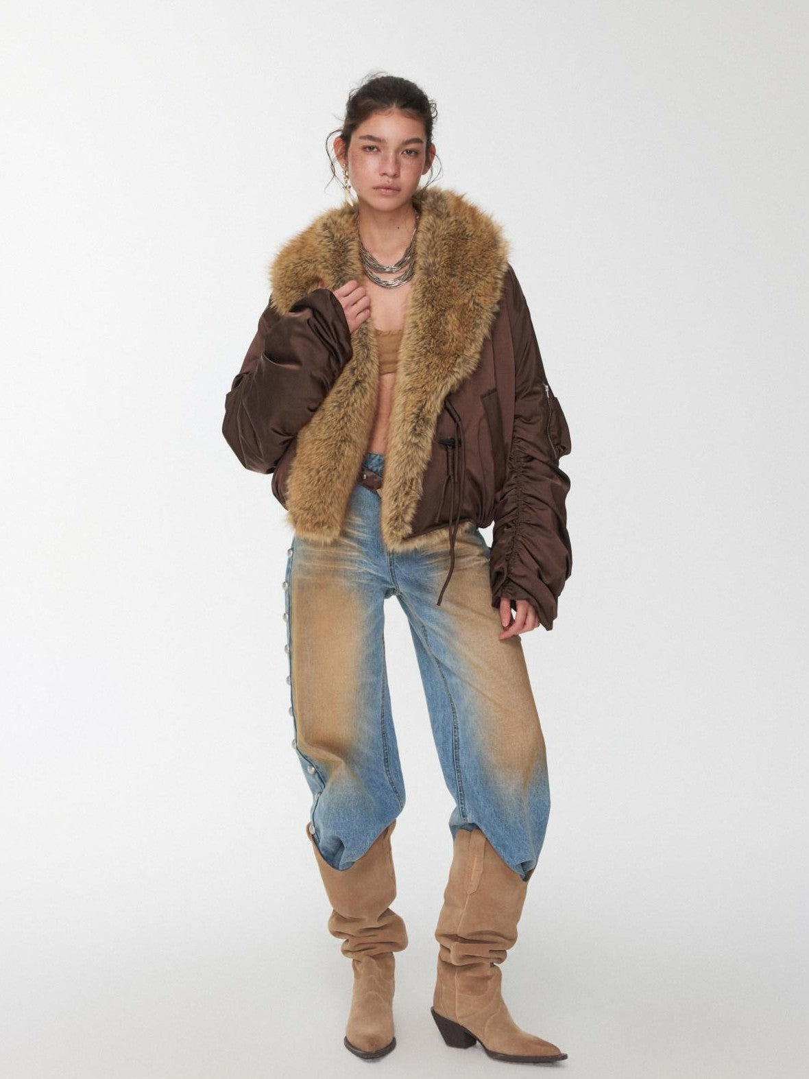 1JINN STUDIO Vintage Workwear Pleated Sleeve Contrast Fur Collar Women&
