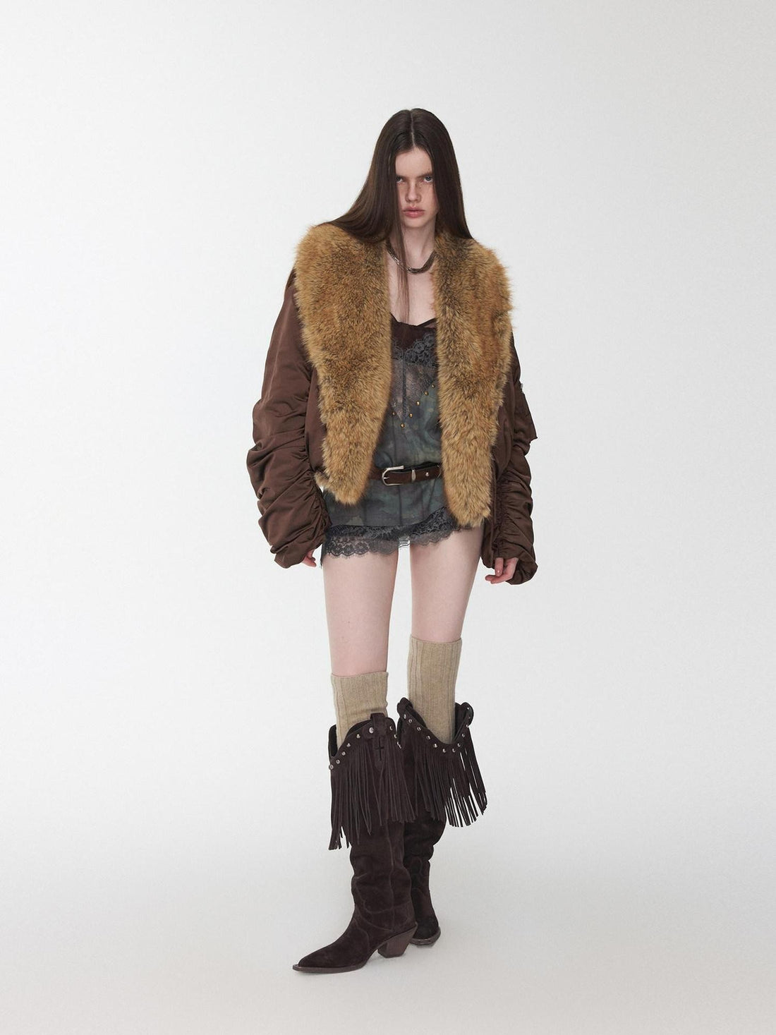 1JINN STUDIO Vintage Workwear Pleated Sleeve Contrast Fur Collar Women&