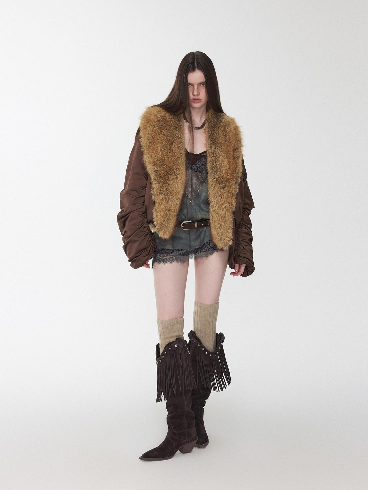 1JINN STUDIO Vintage Workwear Pleated Sleeve Contrast Fur Collar Women&