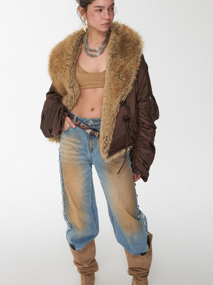 1JINN STUDIO Vintage Workwear Pleated Sleeve Contrast Fur Collar Women&