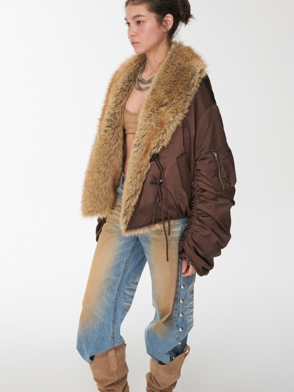 1JINN STUDIO Vintage Workwear Pleated Sleeve Contrast Fur Collar Women&