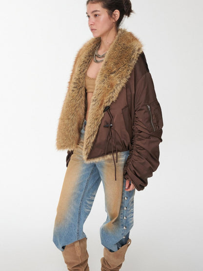 1JINN STUDIO Vintage Workwear Pleated Sleeve Contrast Fur Collar Women&