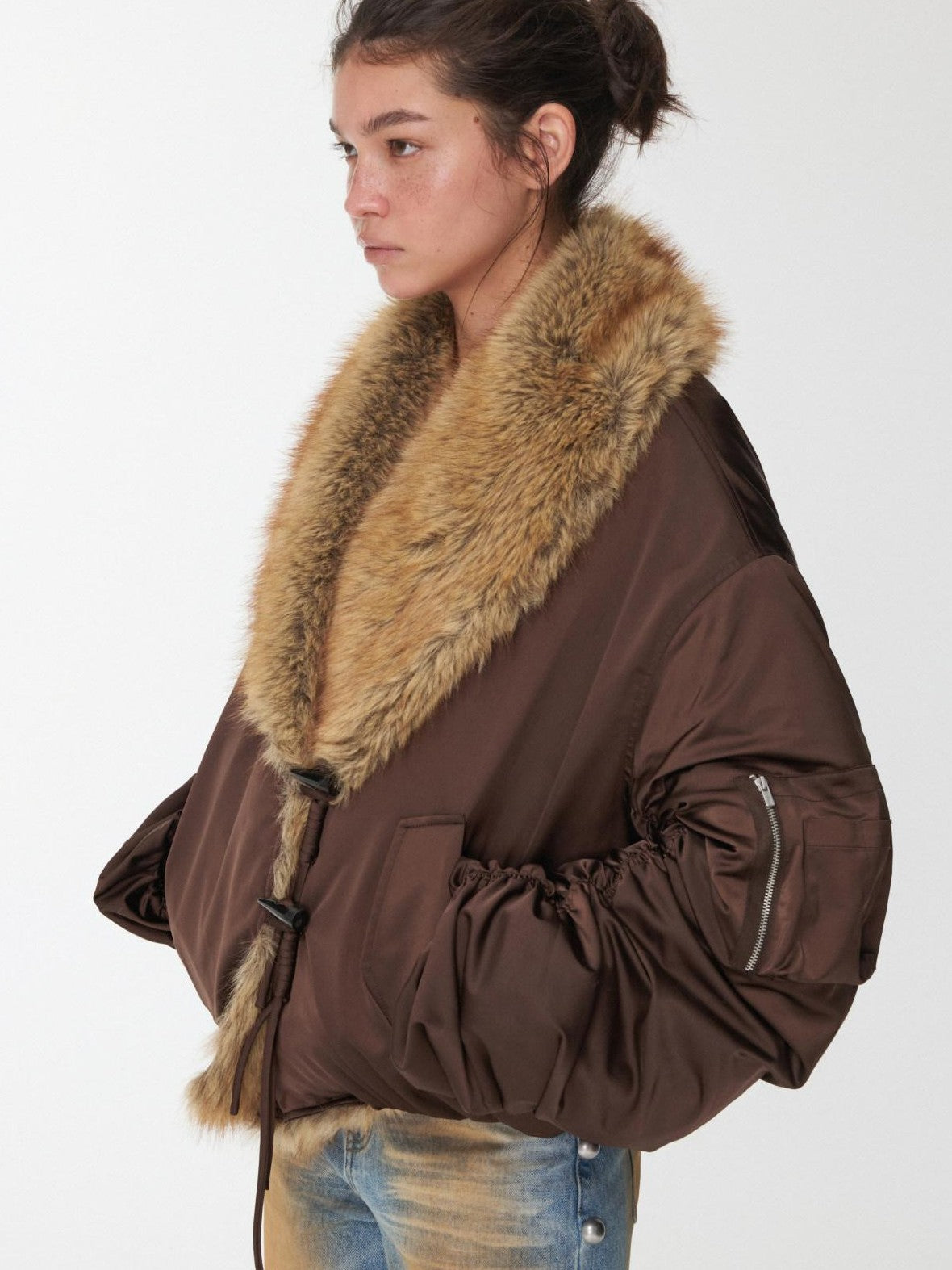 1JINN STUDIO Vintage Workwear Pleated Sleeve Contrast Fur Collar Women&