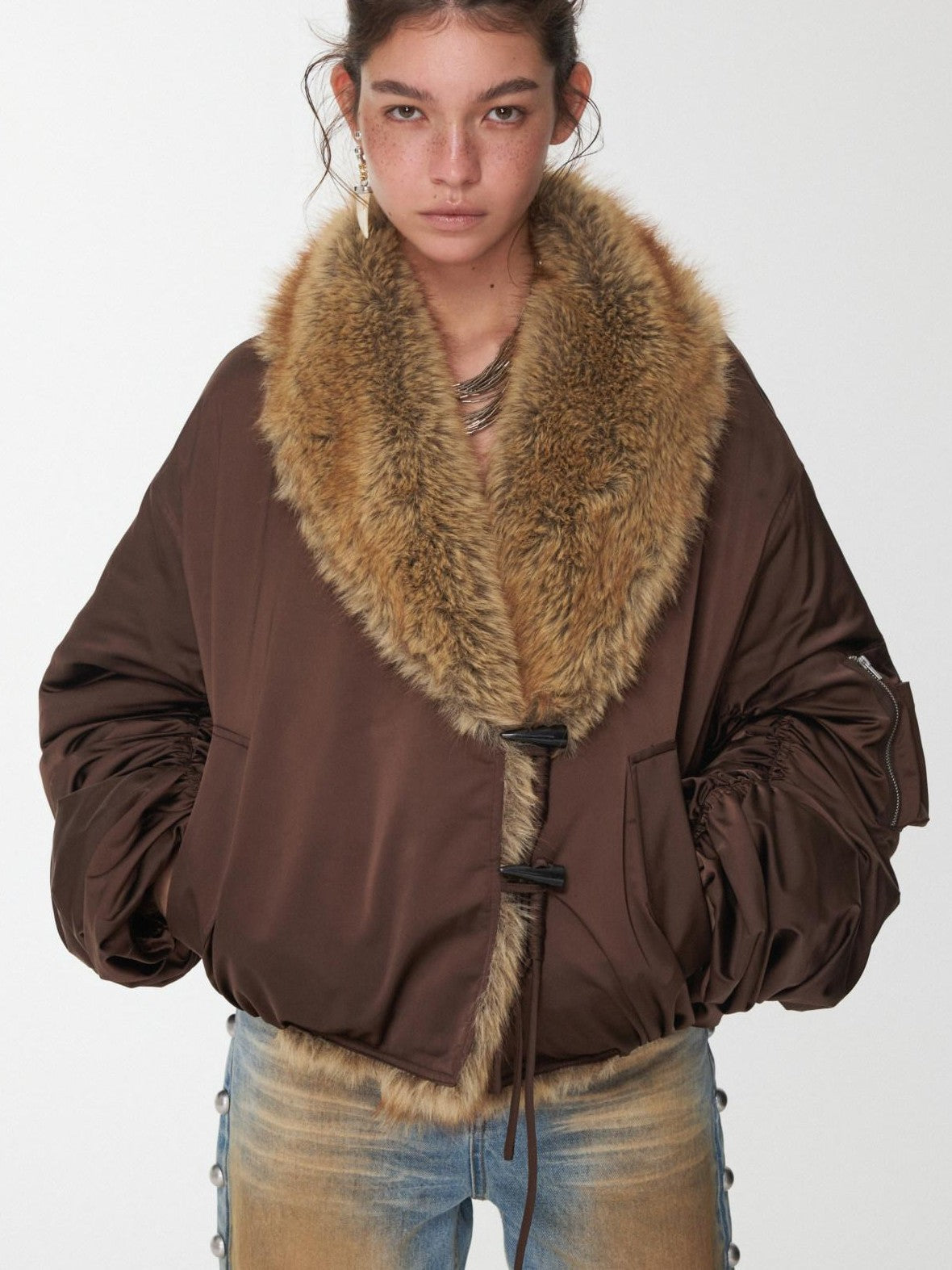 1JINN STUDIO Vintage Workwear Pleated Sleeve Contrast Fur Collar Women&