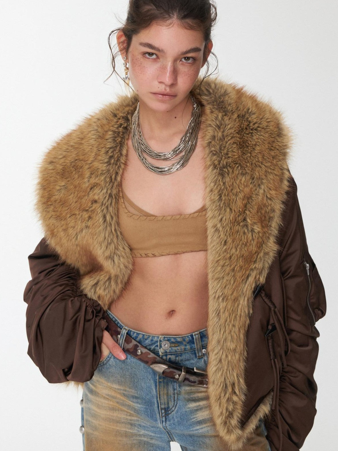 1JINN STUDIO Vintage Workwear Pleated Sleeve Contrast Fur Collar Women&