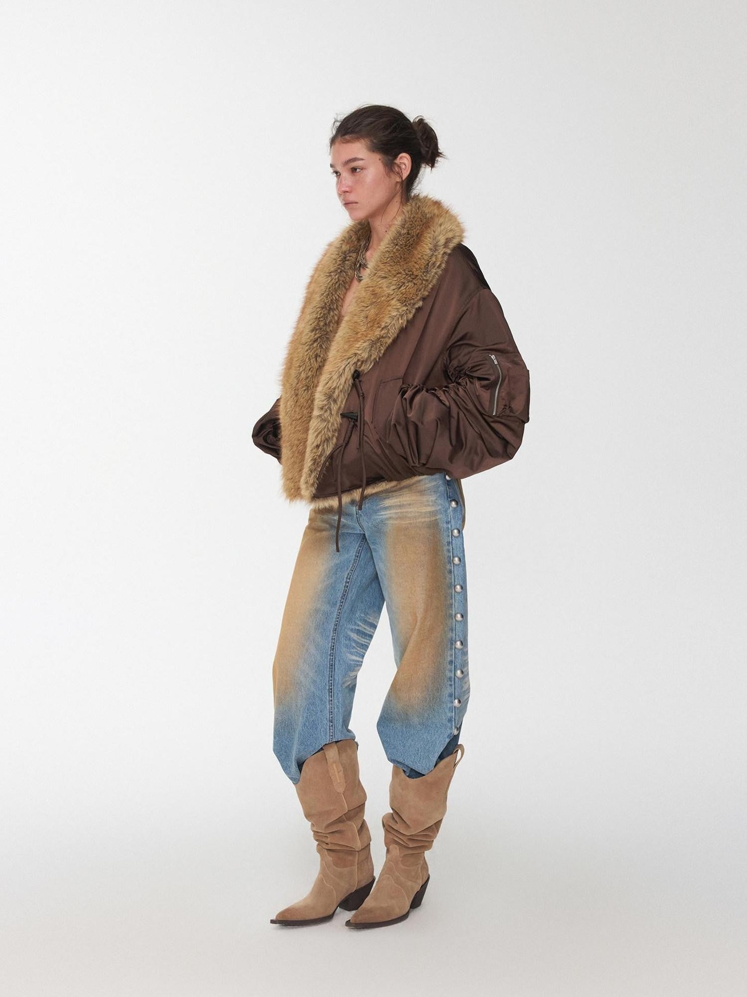 1JINN STUDIO Vintage Workwear Pleated Sleeve Contrast Fur Collar Women&