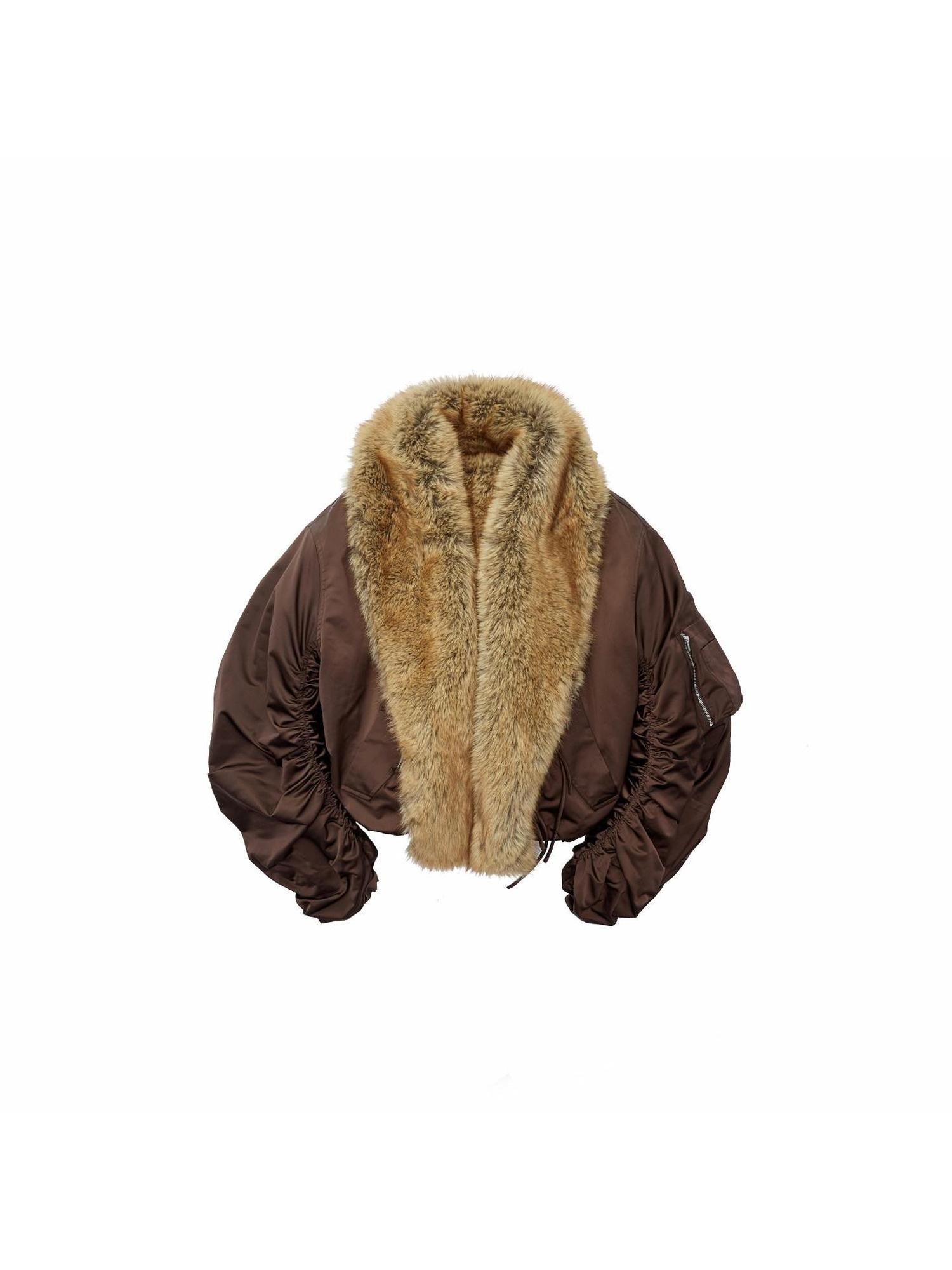 1JINN STUDIO Vintage Workwear Pleated Sleeve Contrast Fur Collar Women&