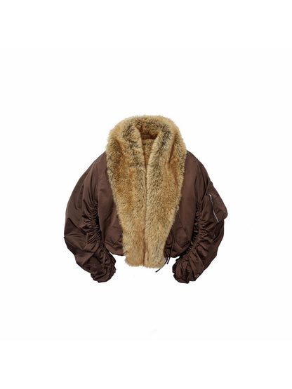 1JINN STUDIO Vintage Workwear Pleated Sleeve Contrast Fur Collar Women&