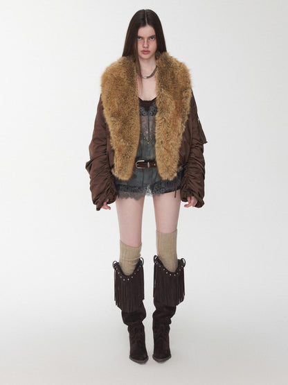 1JINN STUDIO Vintage Workwear Pleated Sleeve Contrast Fur Collar Women&