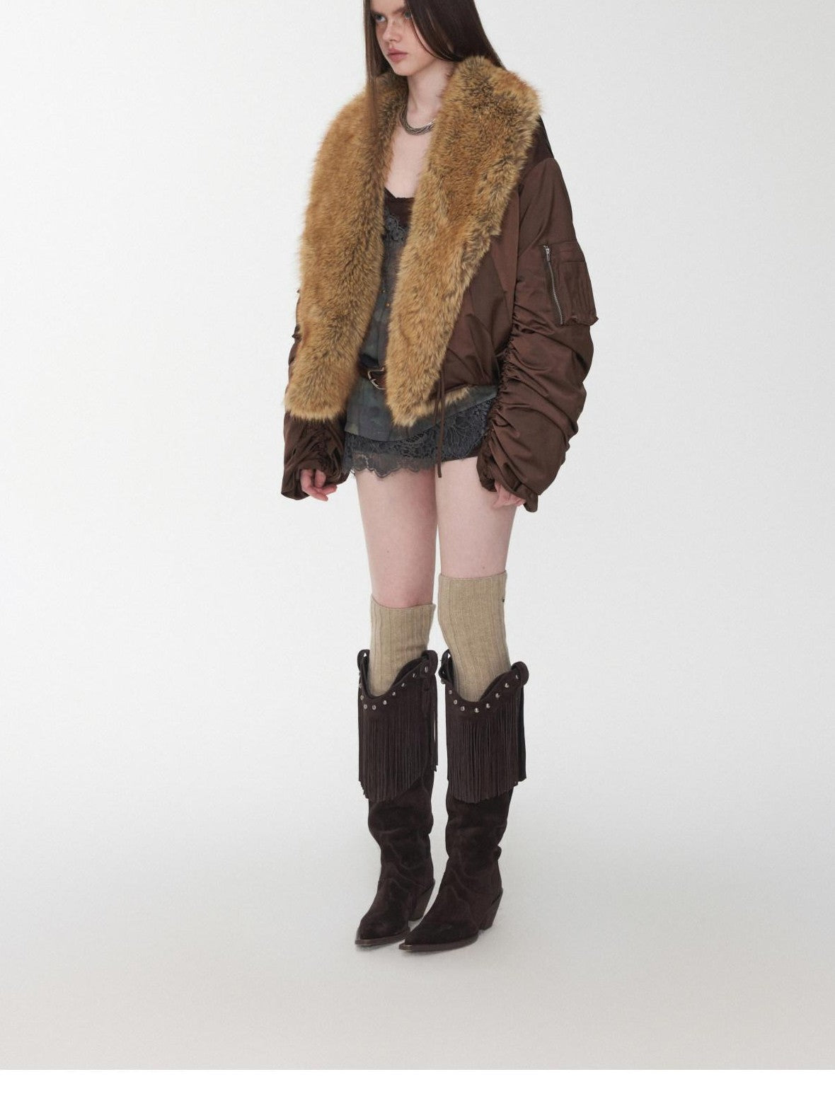 1JINN STUDIO Vintage Workwear Pleated Sleeve Contrast Fur Collar Women&