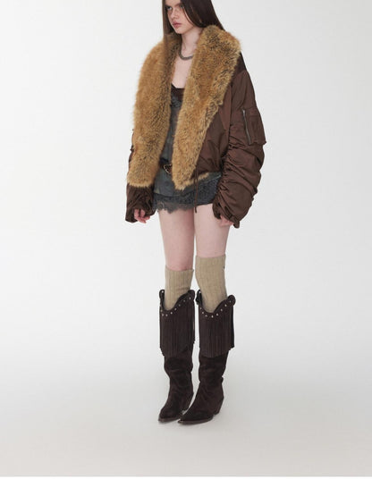 1JINN STUDIO Vintage Workwear Pleated Sleeve Contrast Fur Collar Women&