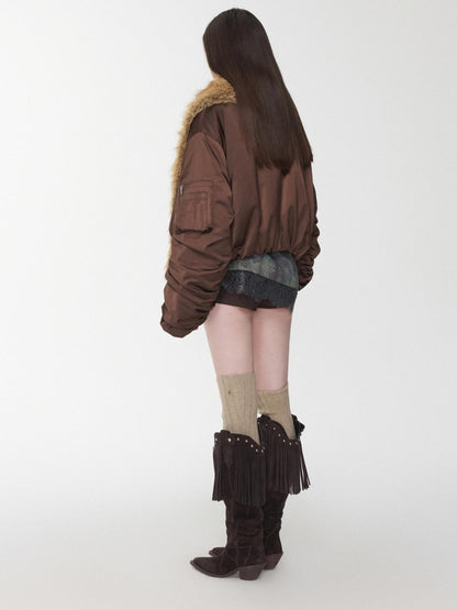 1JINN STUDIO Vintage Workwear Pleated Sleeve Contrast Fur Collar Women&