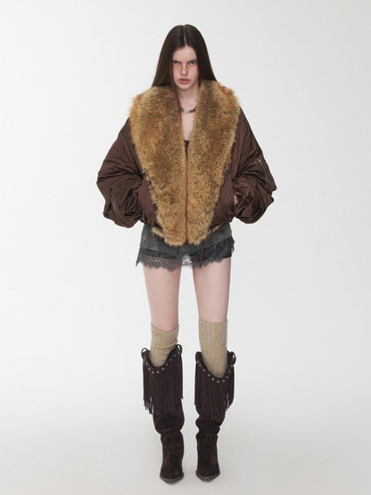 1JINN STUDIO Vintage Workwear Pleated Sleeve Contrast Fur Collar Women&